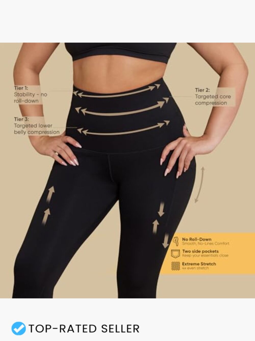 High Waisted Tummy Control Leggings with Pockets - No Roll Down Band - Yoga - Picture 2 of 7